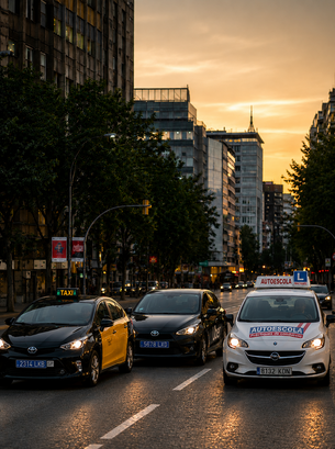 Un taxi, VTC y coche de autoescuela en una carretera
