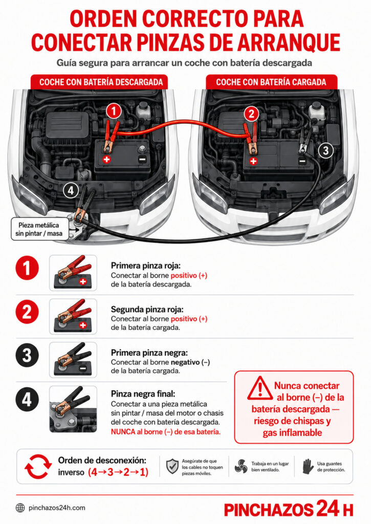 infografía orden correcto de conexión de pinzas de arranque entre dos coches